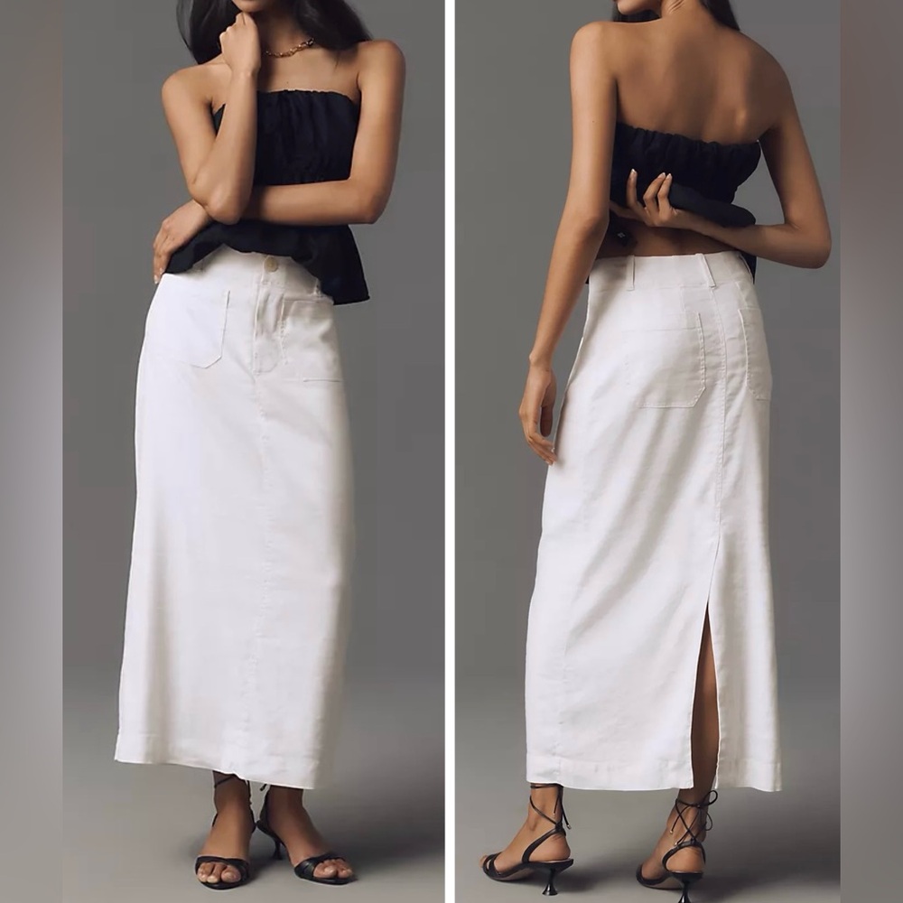 Anthropologie White Long Pencil Skirt with Back Slit